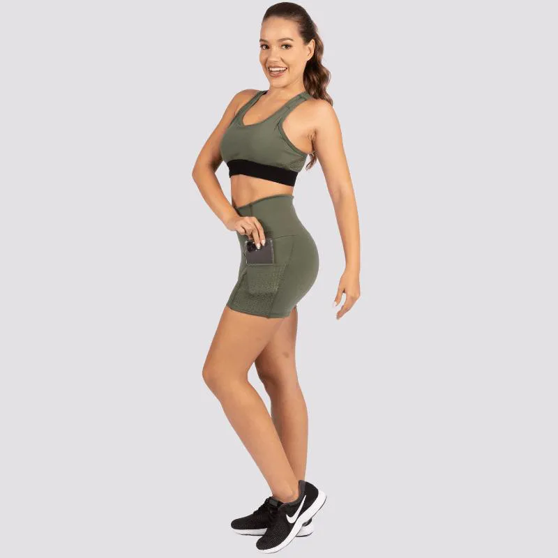 SHORTS CINTURA PERFEITA SLIM COM BOLSO EM TECIDO BASIC EG Verde  Croco