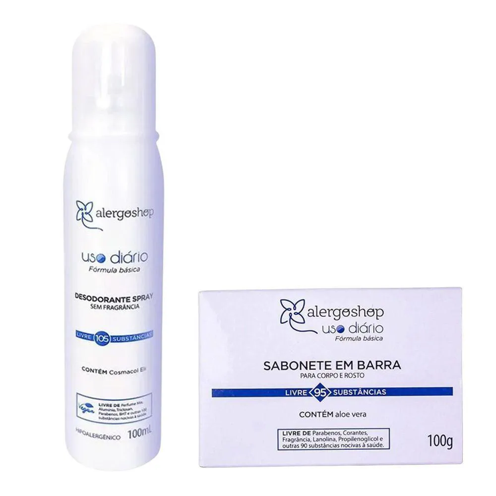 KIT SABONETE BARRA USO DIáRIO + DESODORANTE SPRAY  HIPOALERGêNICO ALERGOSHOP 100ML