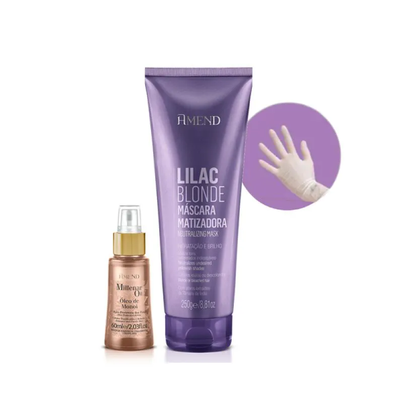 AMEND MASCARA MATIZADORAS LILAC BLONDE 250ML + MILLENAR OIL MONóI 60ML + LUVA