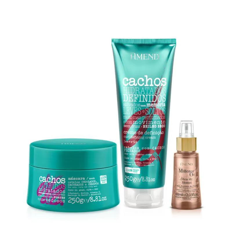 AMEND CACHOS MASC 250ML + LEAVE-IN CACHEADO 250ML + MILLENAR OIL MONóI 60ML