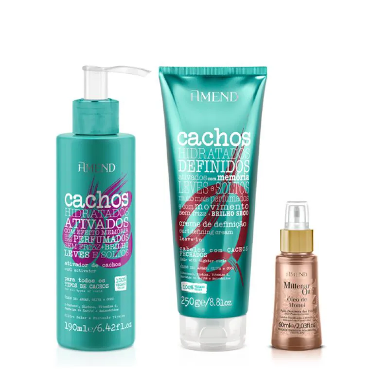 AMEND CACHOS ATIVADOR DE CACHOS 190ML + LEAVE-IN CACHEADO 250ML + MILLENAR OIL MONóI 60ML