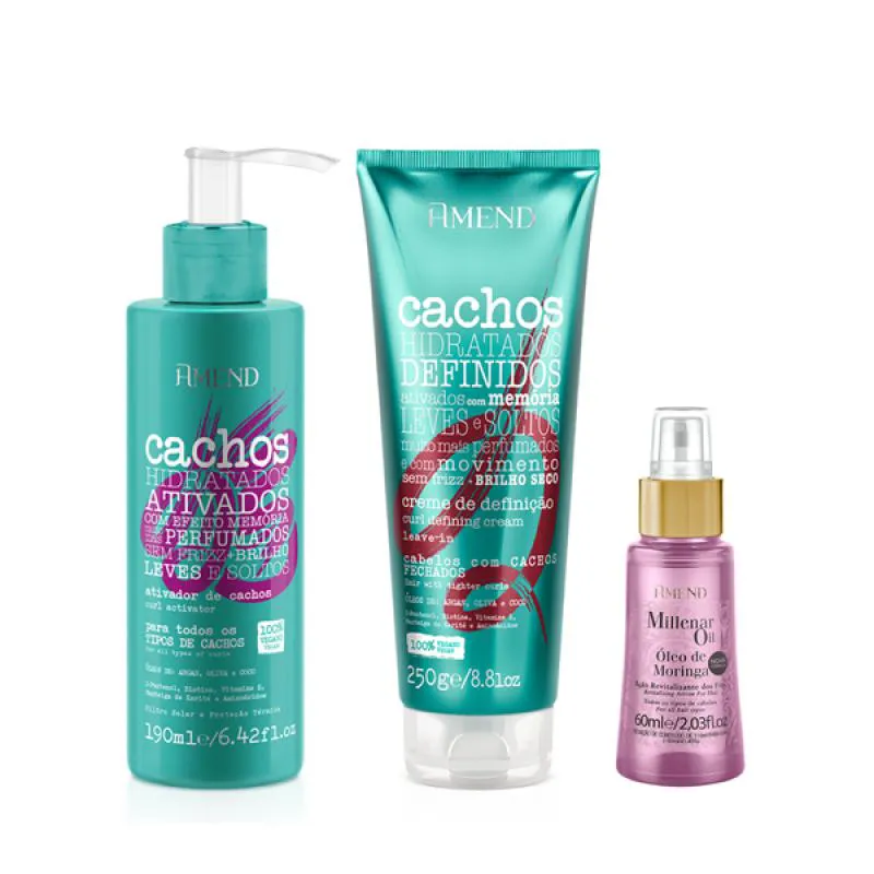 AMEND CACHOS ATIVADOR DE CACHOS 190ML + LEAVE-IN CACHEADO 250ML + MILLENAR OIL MORINGA 60ML