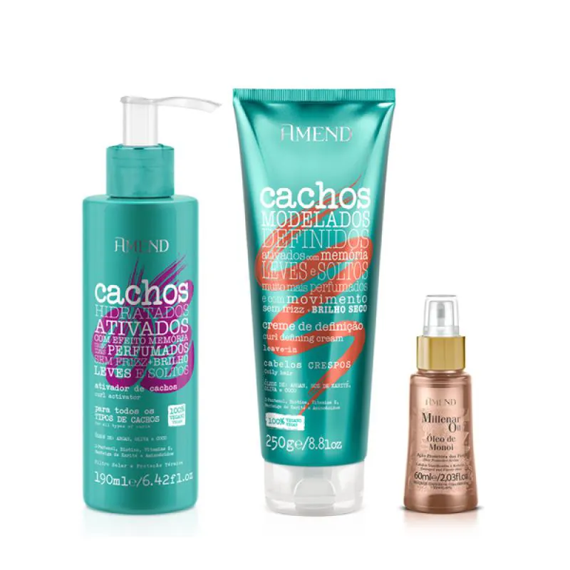 AMEND CACHOS ATIVADOR DE CACHOS 190ML + LEAVE-IN CRESPO 250ML + MILLENAR OIL MONóI 60ML