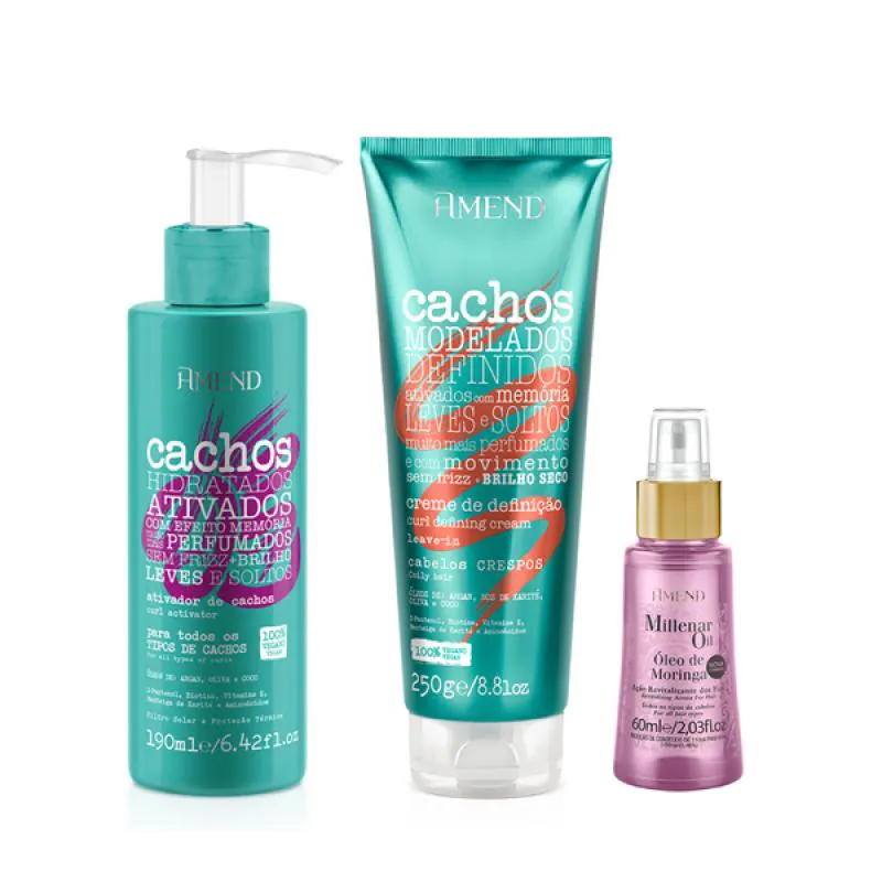 AMEND CACHOS ATIVADOR DE CACHOS 190ML + LEAVE-IN CRESPO 250ML + MILLENAR OIL MORINGA 60ML