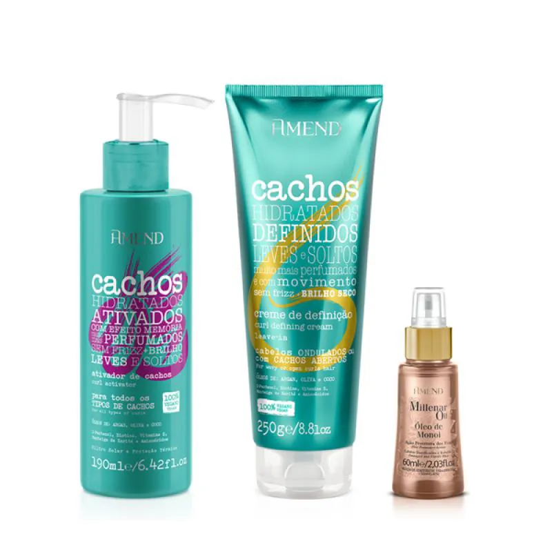 AMEND CACHOS ATIVADOR DE CACHOS 190ML + LEAVE-IN ONDULADO 250ML + MILLENAR OIL MONóI 60ML