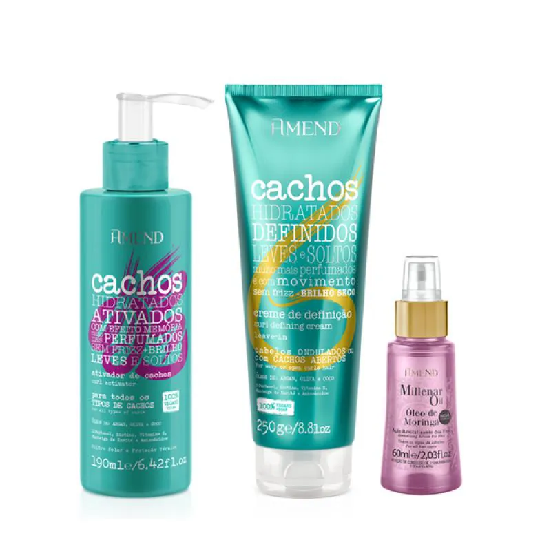 AMEND CACHOS ATIVADOR DE CACHOS 190ML + LEAVE-IN ONDULADO 250ML + MILLENAR OIL MORINGA 60ML