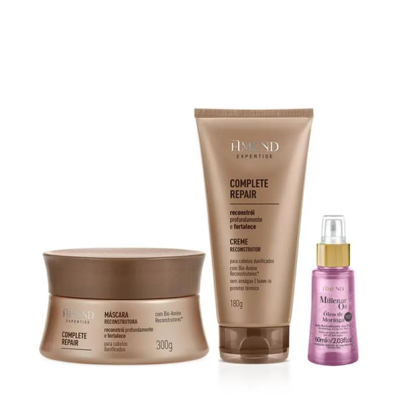 AMEND EXPERTISE COMPLETE REPAIR MASC 300ML + LEAVE-IN 180ML + MILLENAR OIL MORINGA 60ML