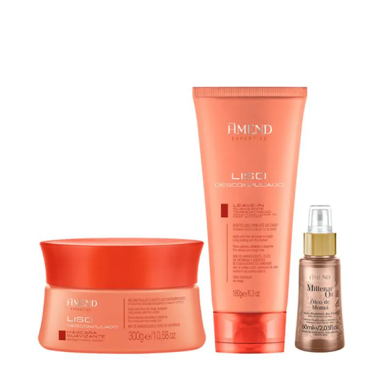AMEND EXPERTISE LISO DESCOMPLICADO MASC 300ML + LEAVE-IN 180ML + MILLENAR OIL MONóI 60ML