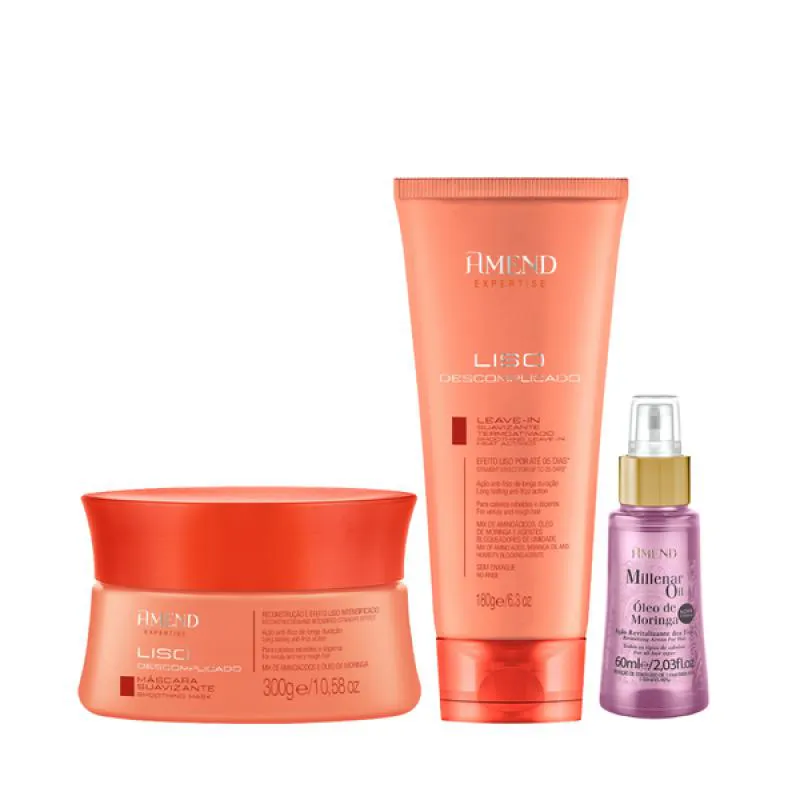 AMEND EXPERTISE LISO DESCOMPLICADO MASC 300ML + LEAVE-IN 180ML + MILLENAR OIL MORINGA 60ML