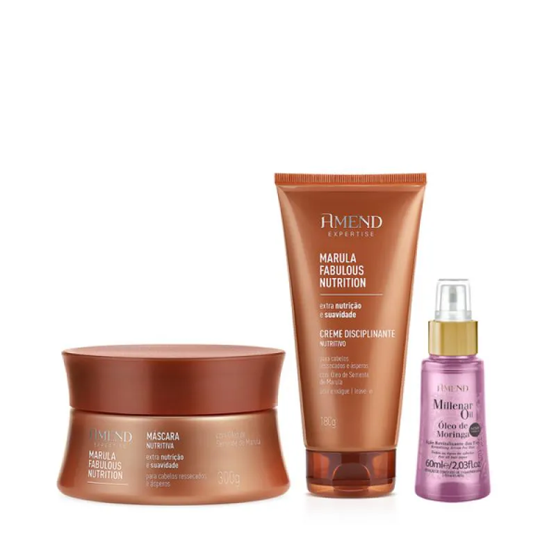 AMEND EXPERTISE MARULA FABULOUS MASC 300ML + LEAVE-IN 180ML + MILLENAR OIL MORINGA 60ML