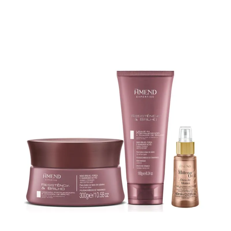 AMEND EXPERTISE RESISTêNCIA E BRILHO MASC 300ML + LEAVE-IN 180ML + MILLENAR OIL MONóI 60ML