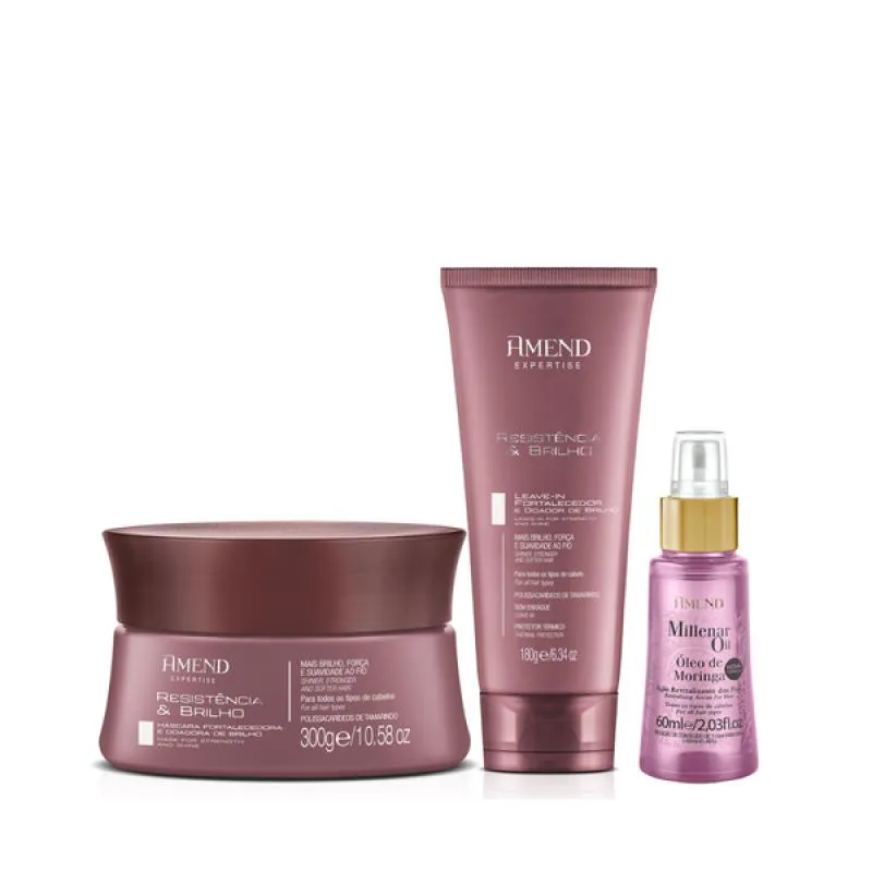 AMEND EXPERTISE RESISTêNCIA E BRILHO MASC 300ML + LEAVE-IN 180ML + MILLENAR OIL MORINGA 60ML