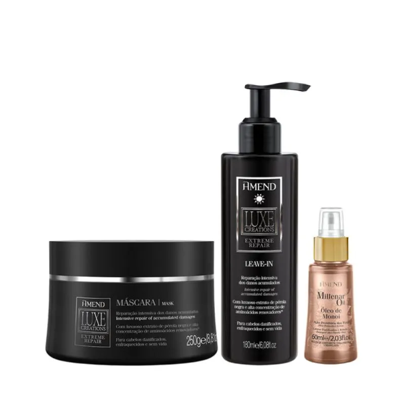 AMEND LUXE CREATIONS EXTREME REPAIR MASC 300ML + LEAVE-IN 180ML + MILLENAR OIL MONóI 60ML
