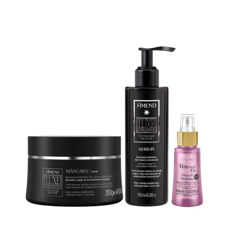 AMEND LUXE CREATIONS EXTREME REPAIR MASC 300ML + LEAVE-IN 180ML + MILLENAR OIL MORINGA 60ML
