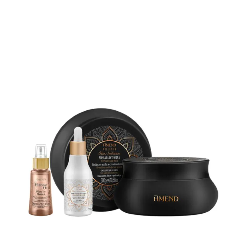 AMEND MILLENAR ÓLEOS INDIANOS MASC 300ML + ÓLEO ELIXIR NUTRITIVO 75ML + MILLENAR OIL MONóI 60ML
