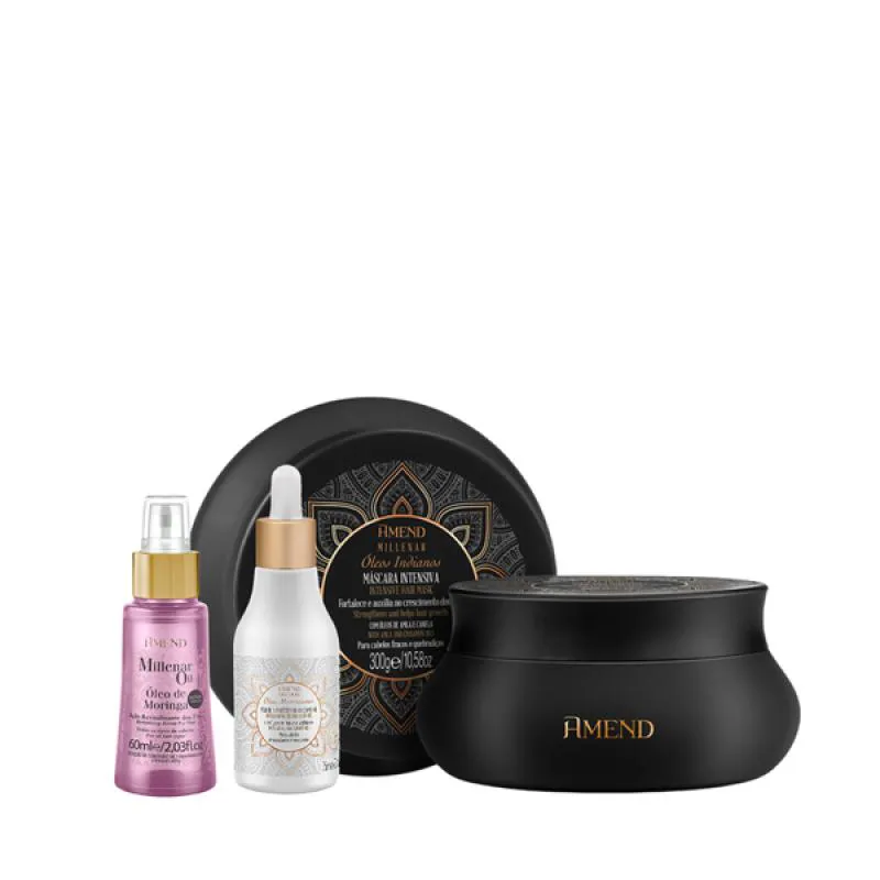 AMEND MILLENAR ÓLEOS INDIANOS MASC 300ML + ÓLEO ELIXIR NUTRITIVO 75ML + MILLENAR OIL MORINGA 60ML