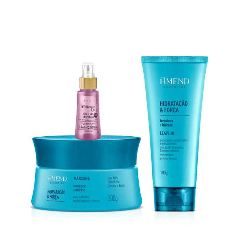 AMEND EXPERTISE HIDRATAçãO E FORçA MASC 300ML + LEAVE-IN 180ML + MILLENAR OIL MORINGA 60ML