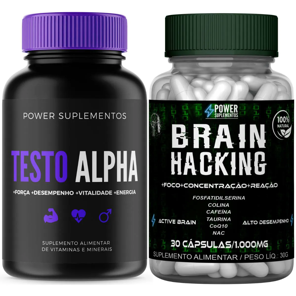 1 TESTO ALPHA CENTRUM MASCULINO 30 CAPS + 1 BRAIN HACKING NOOTRóPICO MENTAL 30 CáPSULAS Neutro