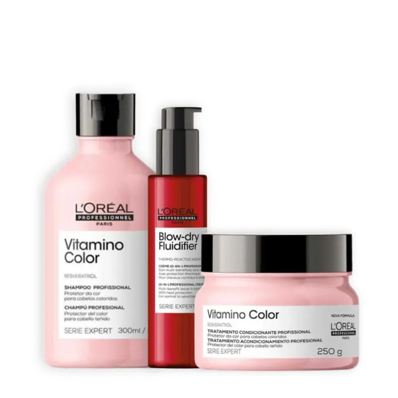 KIT LOREAL VITAMINO COLOR SHAMP E MASC + PROTETOR TéRMICO