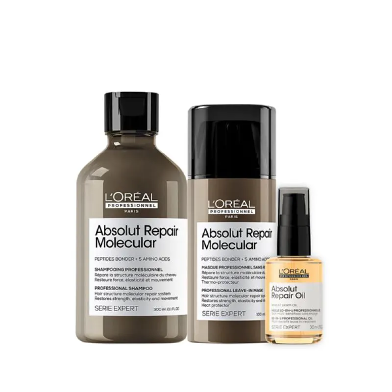 LOREAL ABSOLUT REPAIR MOLECULAR SHAMPOO + LEAVE-IN + ÓLEO