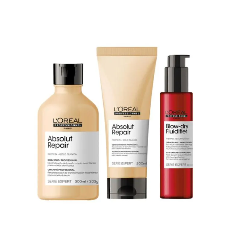 LOREAL ABSOLUT REPAIR SHAMPOO + CONDICIONADOR + FLUIDIFIER LEAVE-IN