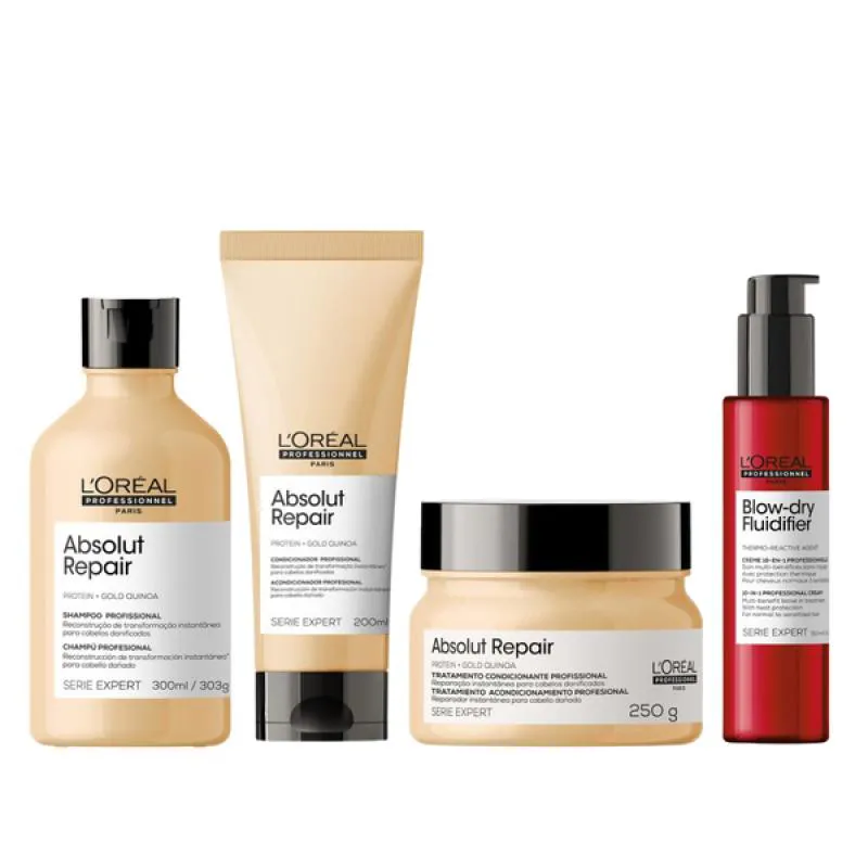 LOREAL ABS REPAIR GOLD SHAMPOO 300ML + CONDICIONADOR 200ML + MASCARA 250ML + FLUIDIFIER 150ML