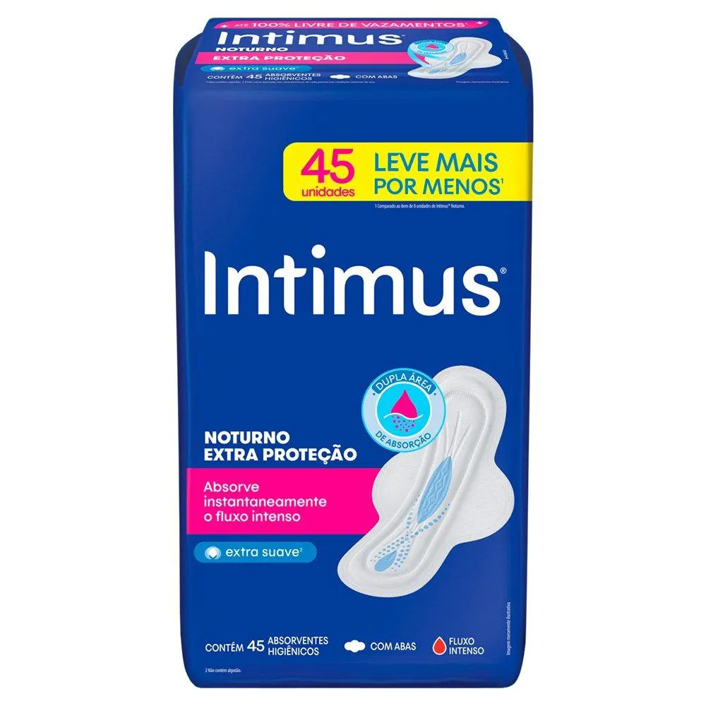 ABSORVENTE INTIMUS GEL NOTURNO SUAVE COM ABAS - EMBALAGEM COM 45 UNIDADES