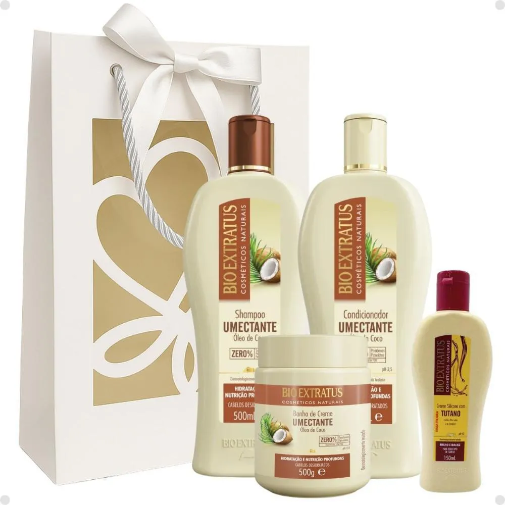 KIT PRESENTE BIO EXTRATUS UMECTANTE COCO: SHAMPOO, CONDICIONADOR 500ML E MáSCARA 500G + MIMO CREME TUTANO SILICONE 150ML
