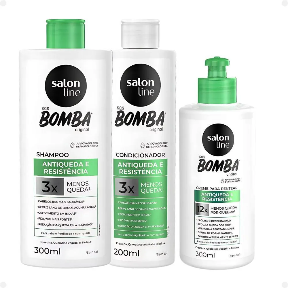 KIT SALON LINE SOS BOMBA ANTIQUEDA E RESISTêNCIA: SHAMPOO 300ML E CONDICIONADOR 200ML + CREME PARA PENTEAR 300ML