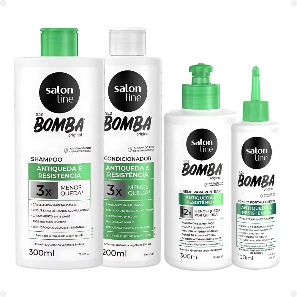 KIT SALON LINE SOS BOMBA ANTIQUEDA E RESISTêNCIA: SHAMPOO 300ML E CONDICIONADOR 200ML + CREME PARA PENTEAR 300ML E TôNICO FORTALECEDOR 100ML