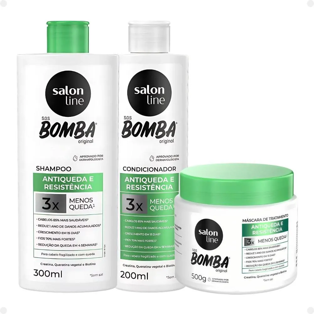 KIT SALON LINE SOS BOMBA ANTIQUEDA E RESISTêNCIA: SHAMPOO 300ML E CONDICIONADOR 200ML + MáSCARA DE TRATAMENTO 500G