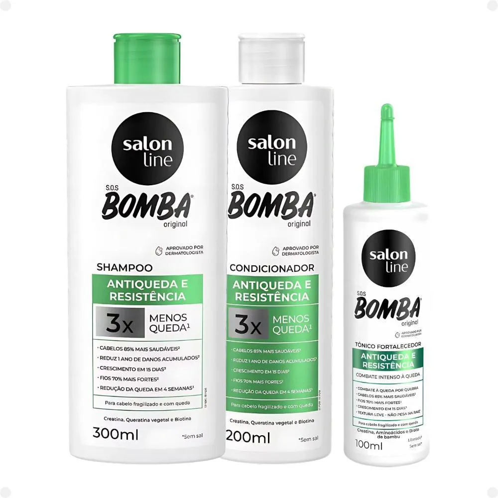 KIT SALON LINE SOS BOMBA ANTIQUEDA E RESISTêNCIA: SHAMPOO 300ML E CONDICIONADOR 200ML + TôNICO FORTALECEDOR 100ML