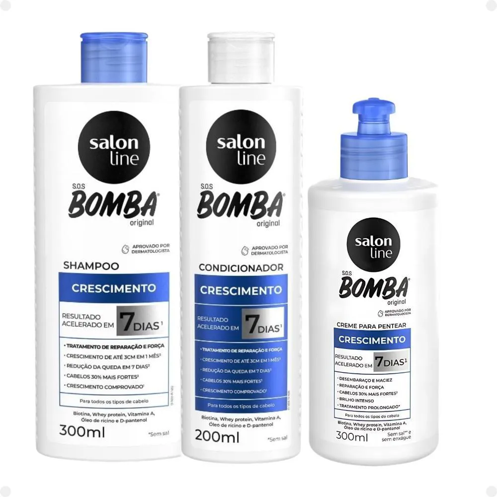 KIT SALON LINE SOS BOMBA CRESCIMENTO CAPILAR: SHAMPOO 300ML E CONDICIONADOR 200ML + CREME PARA PENTEAR 300ML