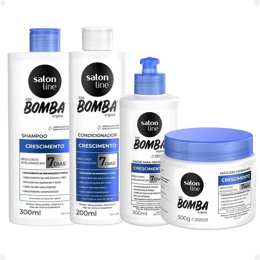KIT SALON LINE SOS BOMBA CRESCIMENTO CAPILAR: SHAMPOO 300ML E CONDICIONADOR 200ML + MáSCARA HIDRATANTE 500G E CREME PARA PENTEAR 300ML