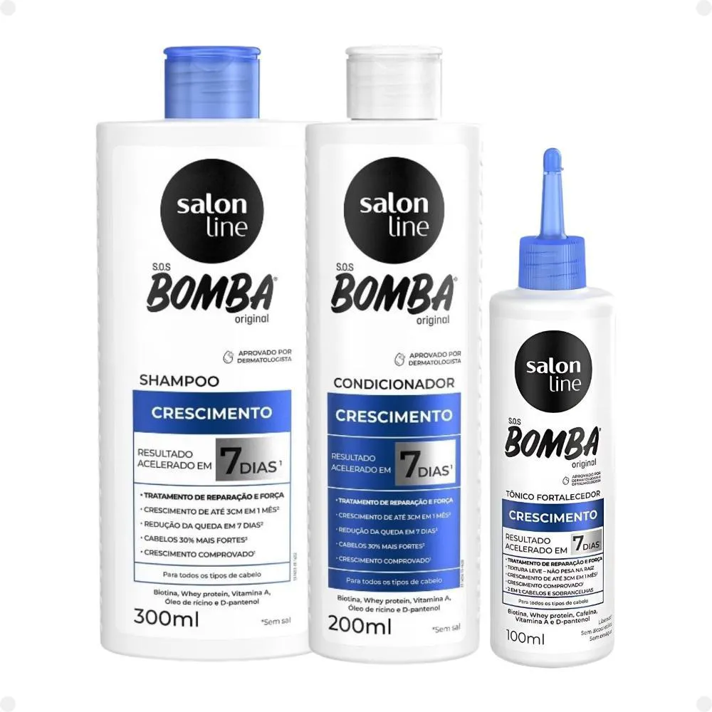 KIT SALON LINE SOS BOMBA CRESCIMENTO CAPILAR: SHAMPOO 300ML E CONDICIONADOR 200ML + TôNICO FORTALECEDOR 100ML