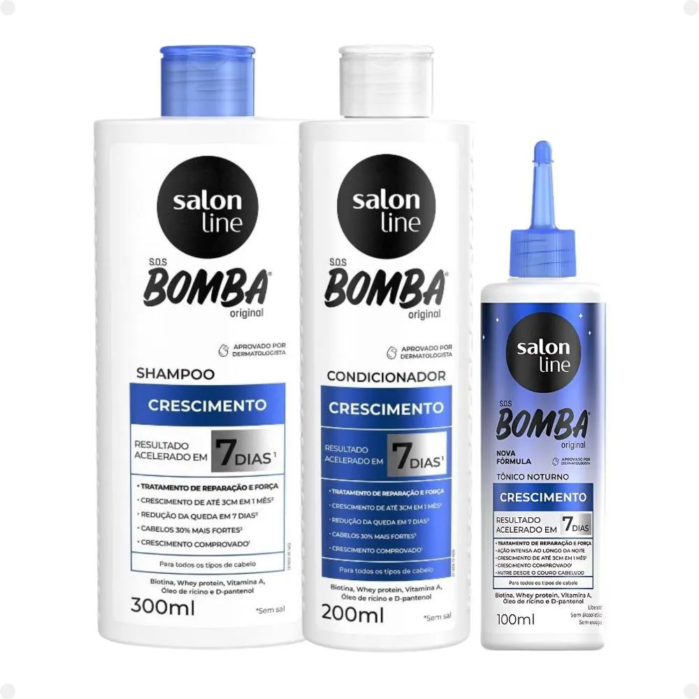 KIT SALON LINE SOS BOMBA CRESCIMENTO CAPILAR: SHAMPOO 300ML E CONDICIONADOR 200ML + TôNICO NOTURNO 100ML