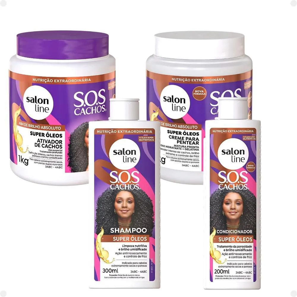 KIT SALON LINE SOS CACHOS SUPER ÓLEOS: SHAMPOO 300ML E CONDICIONADOR 200ML + CREME PARA PENTEAR 1KG E ATIVADOR DE CACHOS 1KG