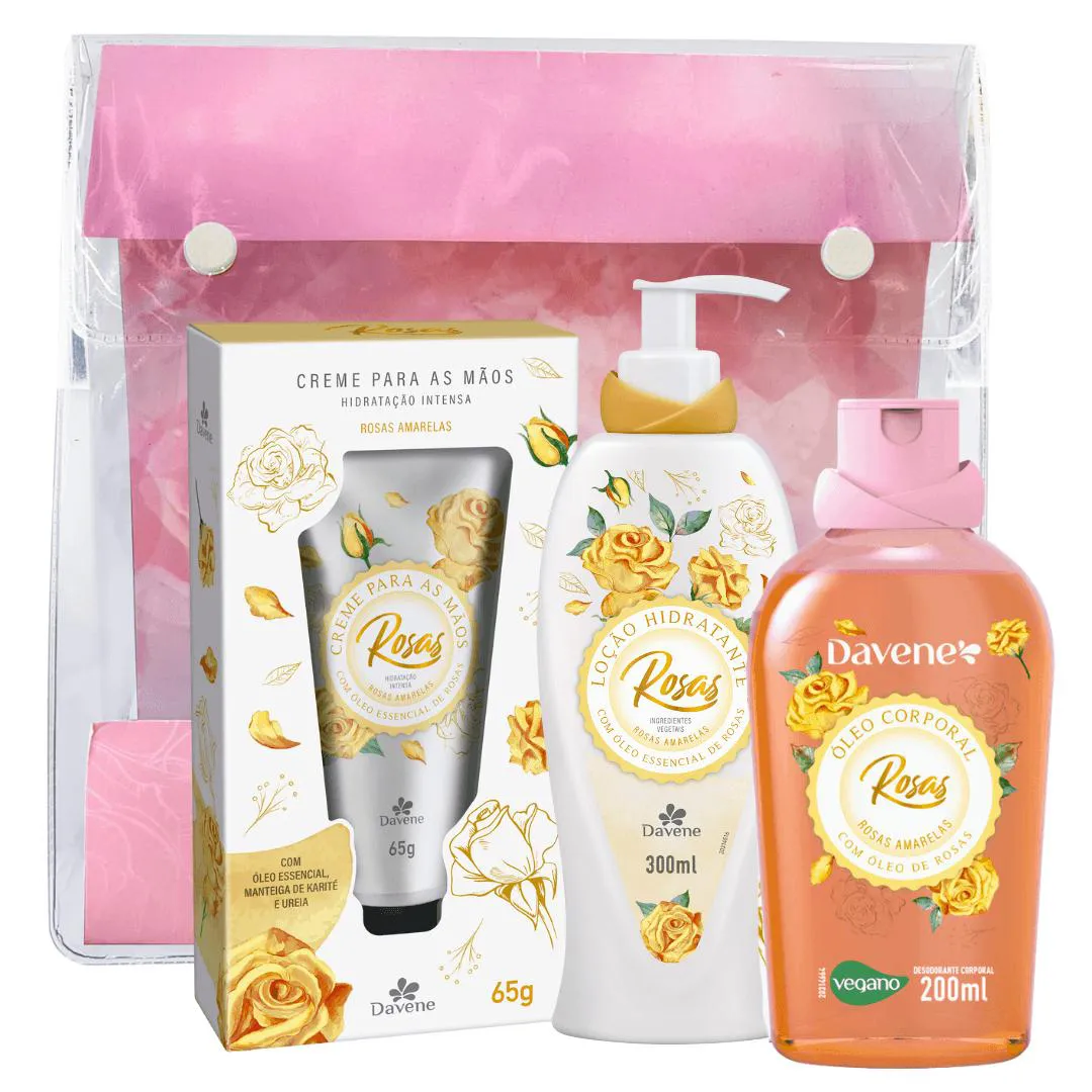 KIT ROSAS AMARELAS  - CREME DE MãOS + HIDRATANTE + ÓLEO CORPORAL +NECESSARIE