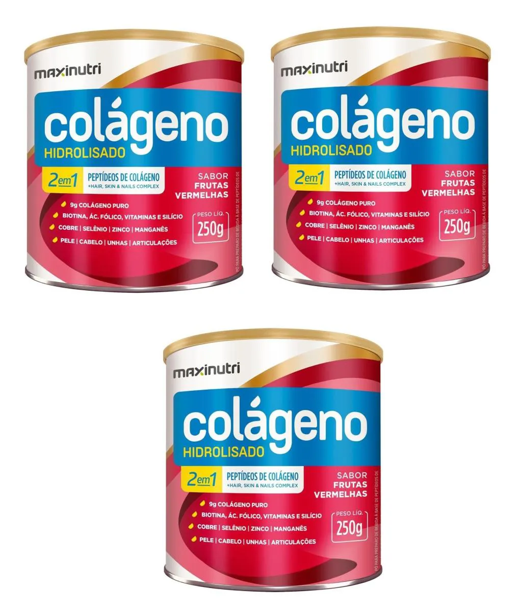 KIT 3 COLáGENO HIDROLISADO 2 EM 1 FRUTAS VERMELHAS 250G
