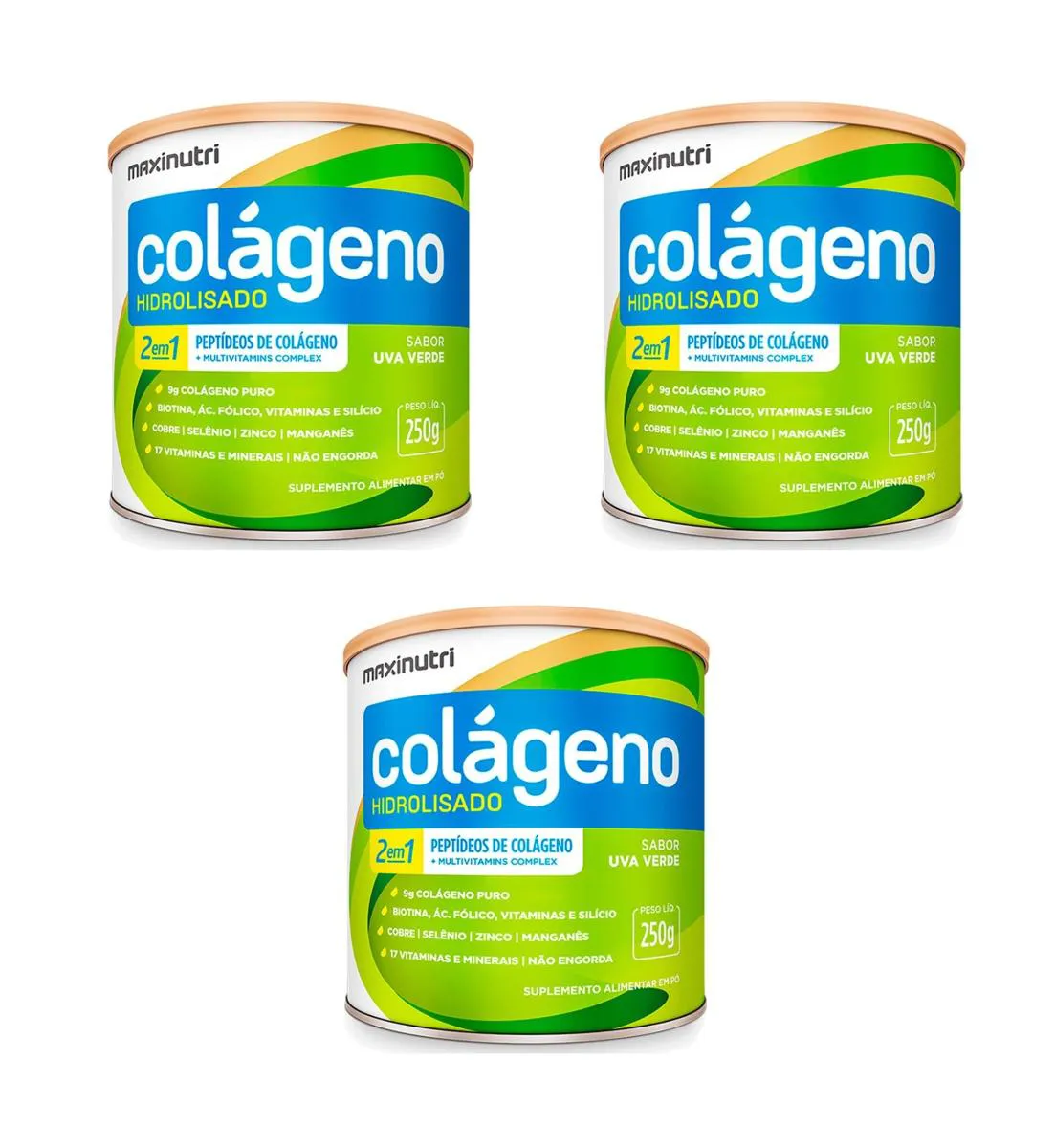 KIT 3 COLáGENO HIDROLISADO 2 EM 1 MAXINUTRI UVA VERDE 250G