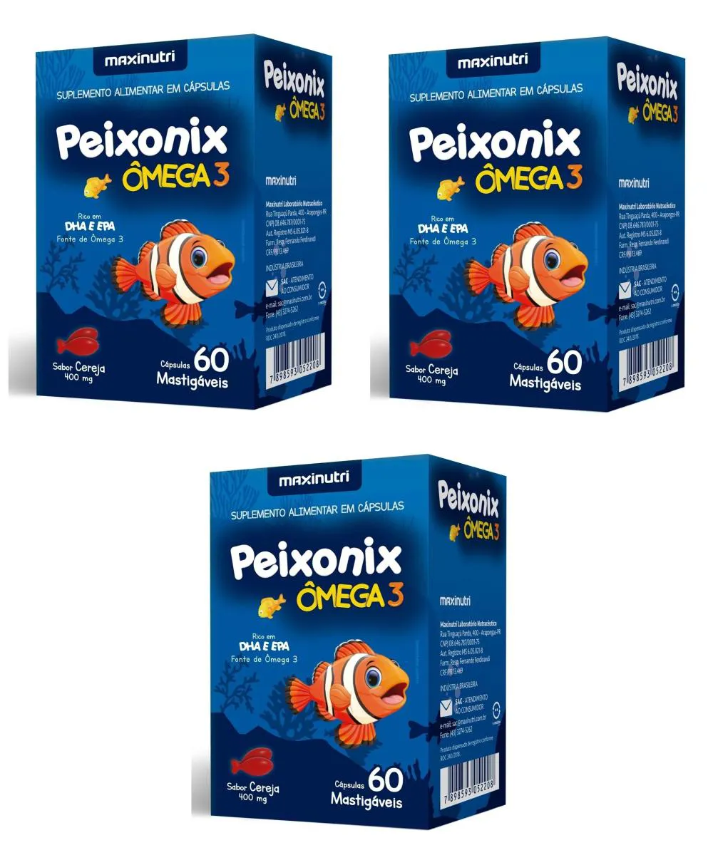 KIT 3 PEIXONIX ÔMEGA 3 INFANTIL MASTIGáVEL EPA DHA 60CP