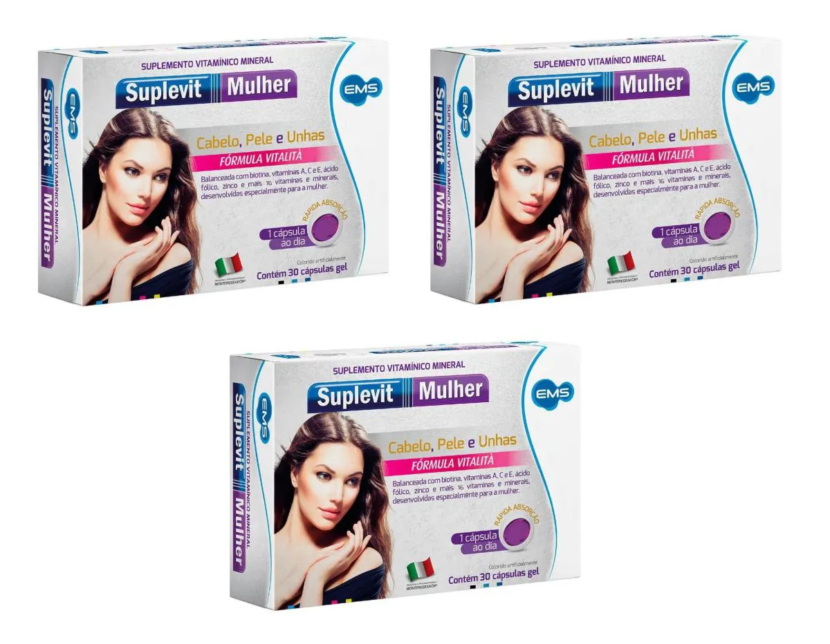KIT 3 SUPLEMENTO SUPLEVIT MULHER CABELO PELE E UNHAS 60CPS