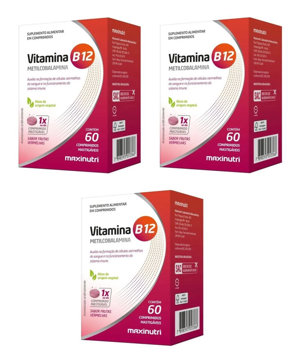 KIT 3 VITAMINA B12 MASTIGáVEL MAXINUTRI METILCOBALAMINA 60CP