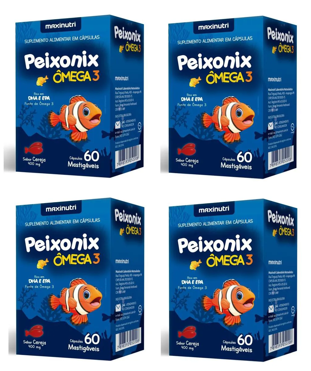 KIT 4 PEIXONIX ÔMEGA 3 INFANTIL MASTIGáVEL EPA DHA 60CP