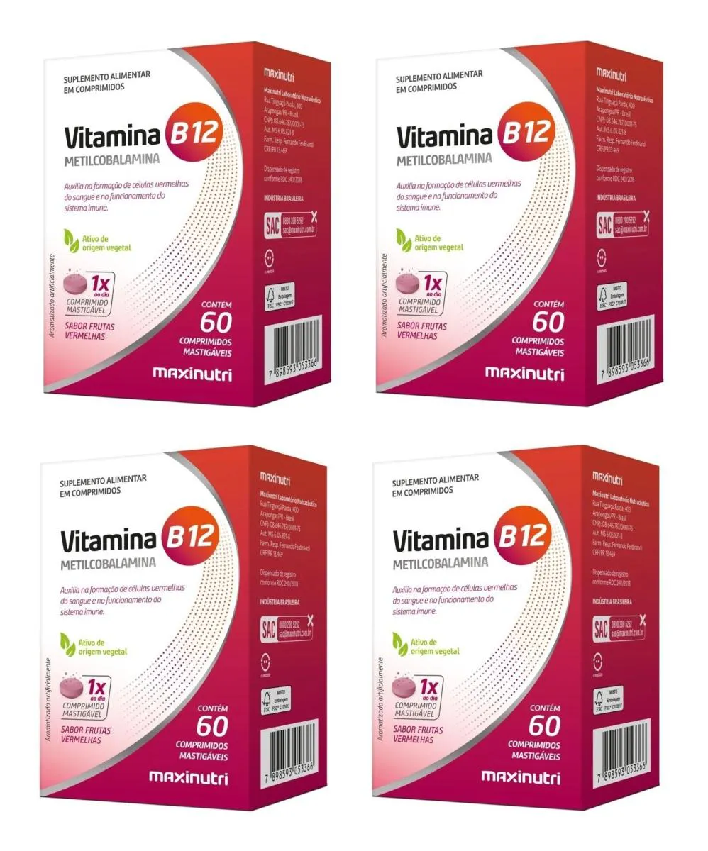 KIT 4 VITAMINA B12 MASTIGáVEL MAXINUTRI METILCOBALAMINA 60CP