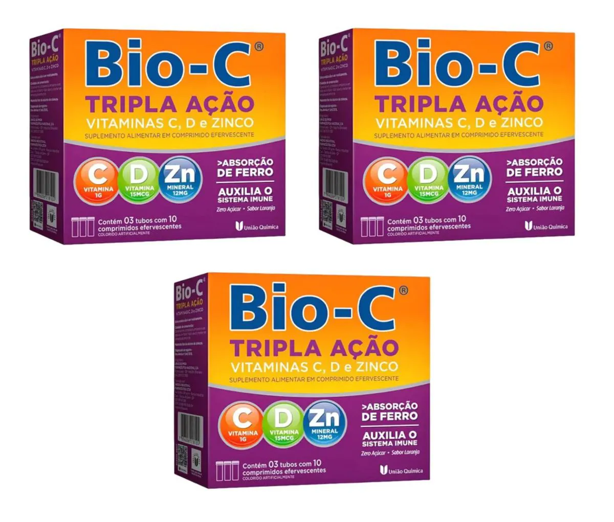 KIT 3 VITAMINA C 1G + ZINCO + VIT D BIO-C TRIPLA AçãO 30CPS
