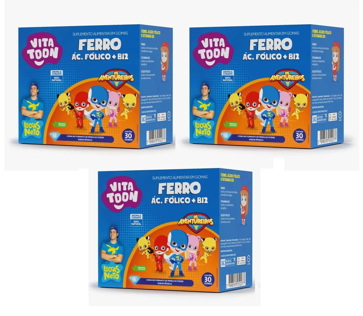 KIT 3 VITATOON FERRO + VIT B12 + ÁC FóLICO PêSSEGO 30GMS