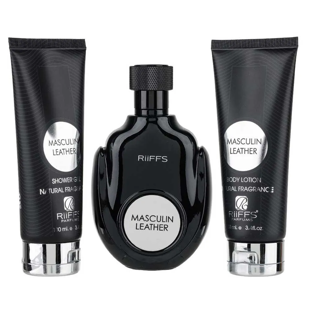 KIT PERFUME MASCULIN LEATHER RIFFS EDP MASCULINO 100ML+ SHOWER 100ML + BODY LOTION 100ML