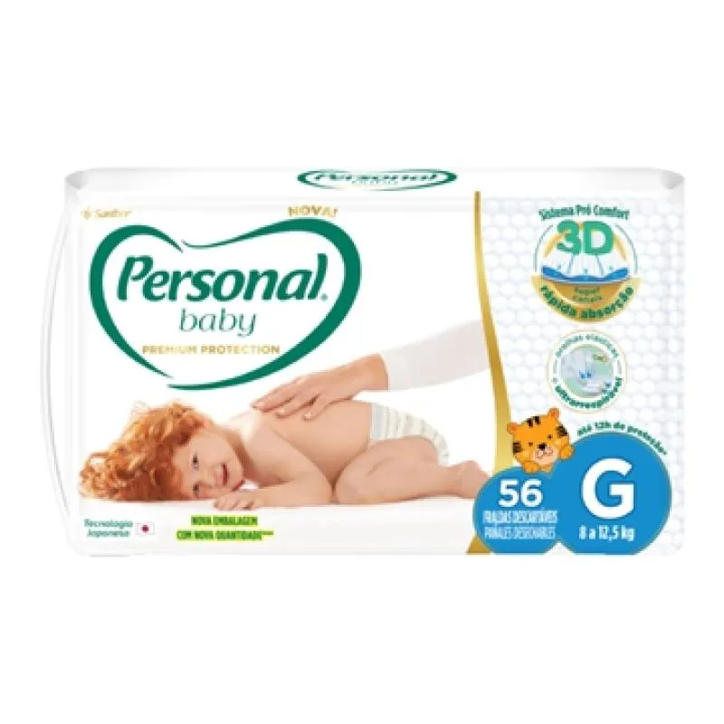 FRALDA DESCARTáVEL PERSONAL PREMIUM TAMANHO G - 4 PACOTES COM 56 FRALDAS - TOTAL DE 224 TIRAS