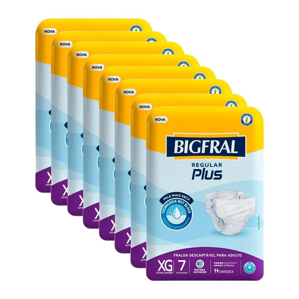 FRALDA GERIáTRICA BIGFRAL PLUS REGULAR TAMANHO XG - 8 PACOTES COM 7 FRALDAS - TOTAL 56 TIRAS